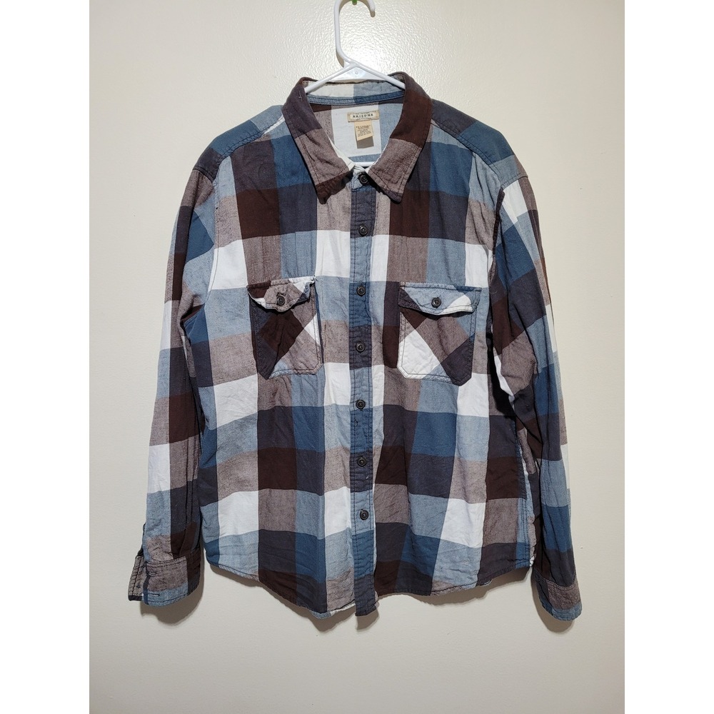 Arizona Flannel Button Down Men XXL Blue Brown‎ White Plaid Shirt